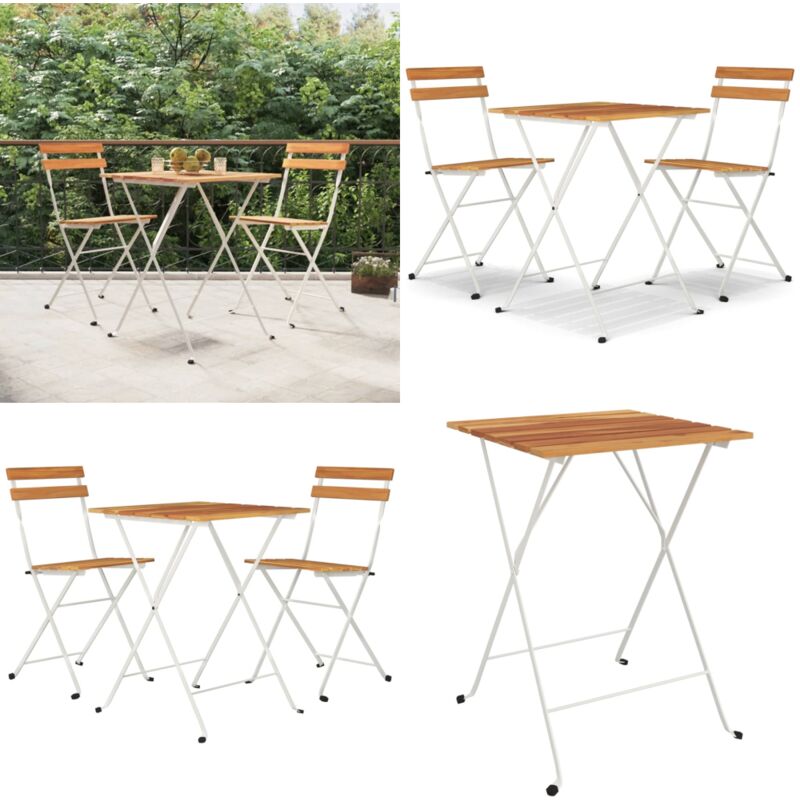 Ensemble de bistro pliable 3 pcs Bois d'acacia solide et acier - Meubles De Jardin - Salon De Jardin - Set De Bistro - Mobilier Extérieur - Acacia
