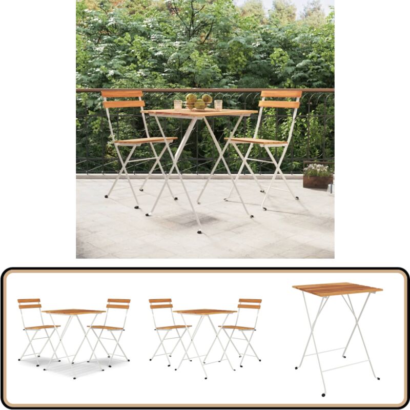 Ensemble de bistro pliable 3 pcs Bois d'acacia solide et acier - Meubles De Jardin - Salon De Jardin - Set De Bistro - Mobilier Extérieur - Acacia