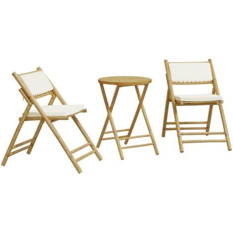 Ensemble de bistro pliante 3 pcs et coussins blanc crème bambou