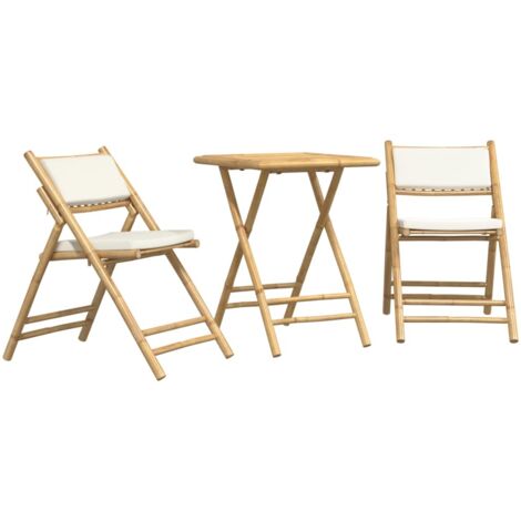 Ensemble de bistro pliante 3 pcs et coussins blanc crème bambou