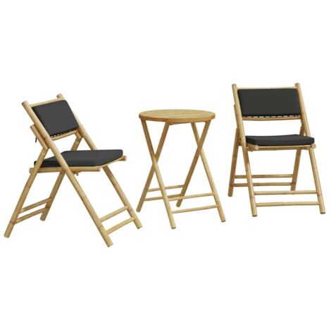 Ensemble de bistro pliante 3 pcs，Salon de jardin et coussins gris foncé bambou CFW59126