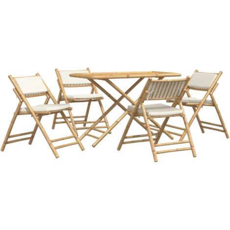 Ensemble de bistro pliante 5 pcs et coussins blanc crème bambou