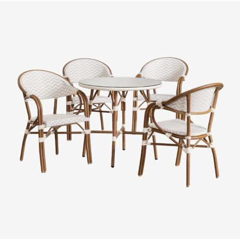 Ensemble de bistrot Brielle composé d'une table ronde de 80 cm et de 4 chaises de jardin empilables en aluminium avec accoudoirs SKLUM Beige nude - Blanc Gardenia