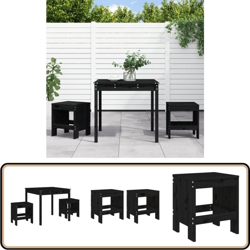 Ensemble de bistrot de jardin 3 pcs noir bois de pin massif - Ensemble De Bistro - Salon De Jardin - Mobilier De Jardin - Table De Jardin - Tabouret