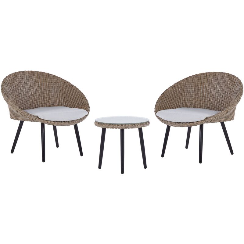 Salon Bistrot Terrasse ou Balcon 2 Chaises en Rotin et Petite Table Assortie avec Coussins d'Assise Beiges Design Boho Ortigia Beliani