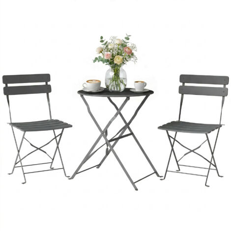 Ensemble de Bistrot Jardin 3 Pièces Table et 2 Chaises Pliantes avec Double Protection Anti-Rouille Métal Gris