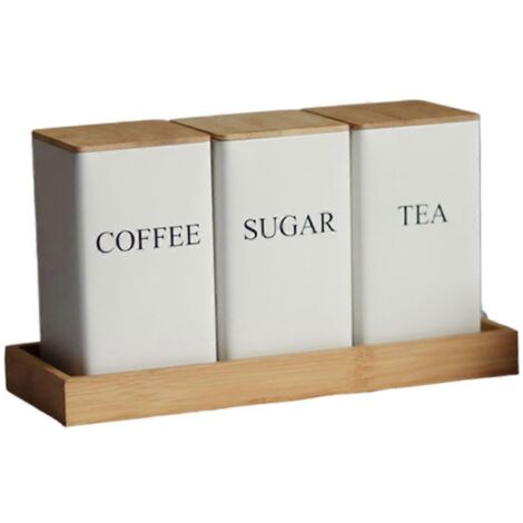Ensemble de boîtes à thé, café et sucre avec plateau, pots en fer pour thé et café B--