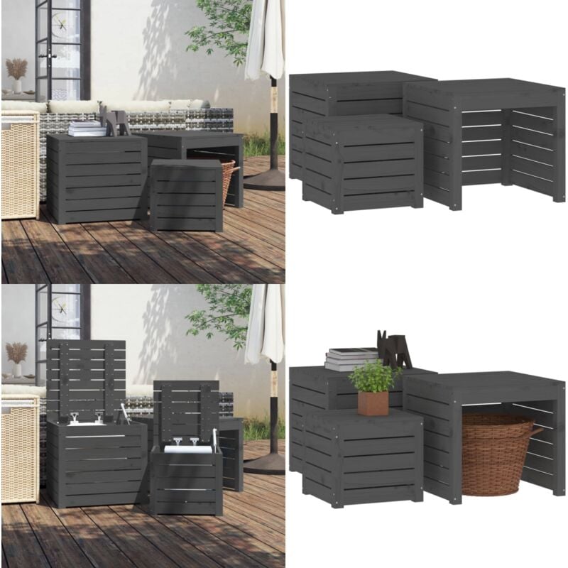 Ensemble de boîtes de jardin 3 pcs gris bois de pin massif - Coffre De Jardin - Meuble De Jardin - Rangement Exterieur - Coffre De Rangement - Bois