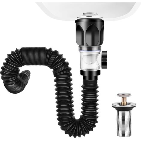 Ensemble de bouchon d'évier, siphon d'évier rétractable avec tuyau de vidange flexible et bouchon de vidange à crépine escamotable