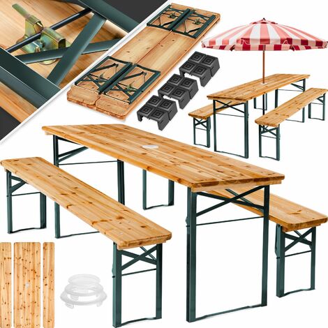 Tectake – Ensemble de brasserie 3 pièces – Table en bois avec support parasol – Bancs robustes – Dimensions 170 x 46 x 78 cm – Poids max. 300 kg