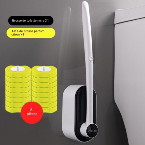 Ensemble de brosse de toilette jetable murale noir, brosse WC avec 8 têtes de rechange jaune citron, kit nettoyage salle de bain