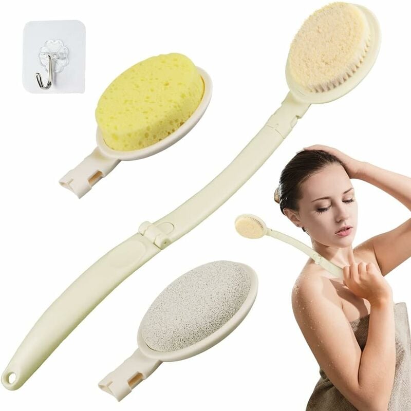 Ensemble de brosses de bain 3 en 1, brosse de douche pliable avec manche extra long, éponge en luffa et poils de brosse pour le dos pour exfolier ou