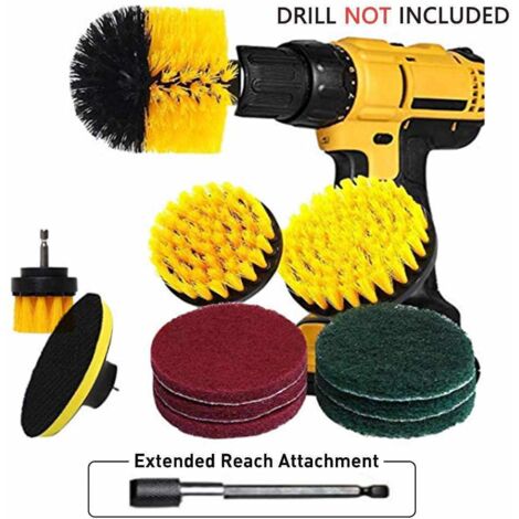 Ensemble de brosses pour perceuse - Accessoire de brosse pour perceuse avec tige d'extension de 15 cm / 4 têtes de brosse en nylon / 6 tampons à récurer, convient aux surfaces de salle de bain, aux re