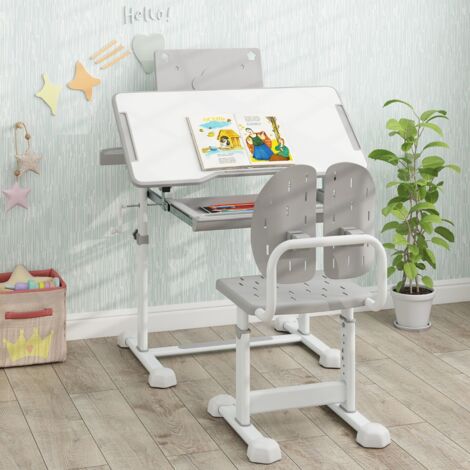 Ensemble de Bureau et Chaise pour Enfant Bureau d'Étude Réglable en Hauteur avec Plateau Inclinable Support de Livre Gris