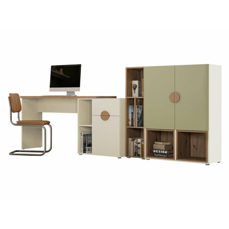 Ensemble de bureau Morsoru 113, Vert clair + Chêne Artisan + Beige, Stratifié