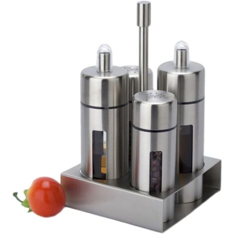 Ensemble de burettes, bouteilles distributrices d'huile et de vinaigre en acier inoxydable et en acrylique, salières et poivrières, support de serveur de condiments, 4 pièces