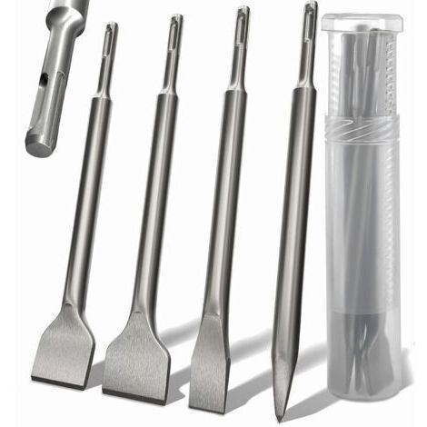 Ensemble de burins SDS Plus – Burin rond 4 pointes et incurvé 142x250 mm – Pour retrait carrelage et travaux de maçonnerie