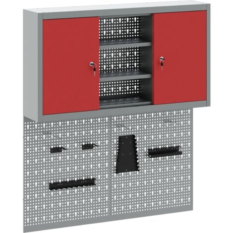 Ensemble de cabinet à outils et tableau perforé 3 pièces monté au mur en métal rouge vidaXL