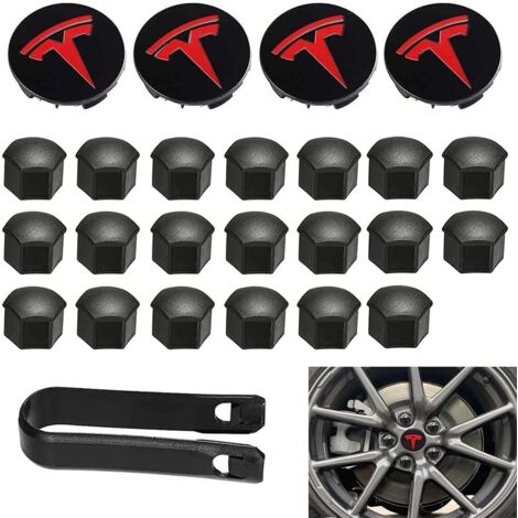 Ensemble de cache-moyeu et d'écrou de roue rouges avec logo Tesla, 4 h