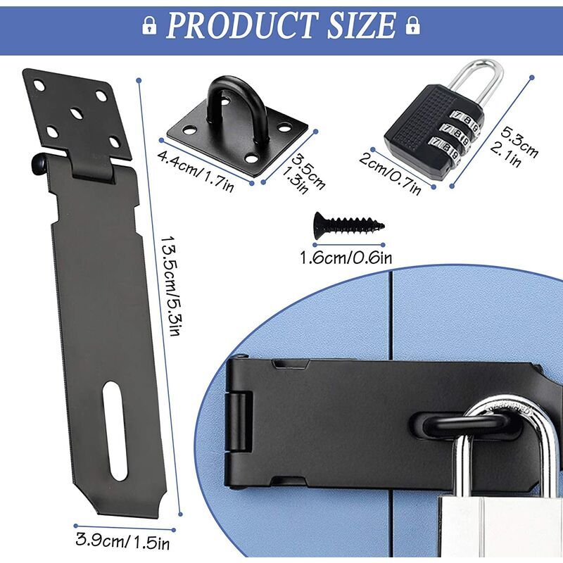 Ensemble de cadenas à combinaison et moraillon de porte, 4 pouces noir lourd résistant aux intempéries pour serrure de porte, serrure d'armoire,