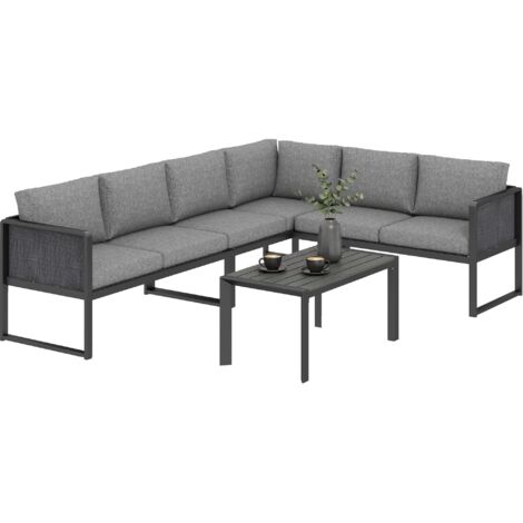 Ensemble de canapé d'angle de jardin en métal, comprenant 3 fauteuils et une table basse aspect bois, gris foncé.