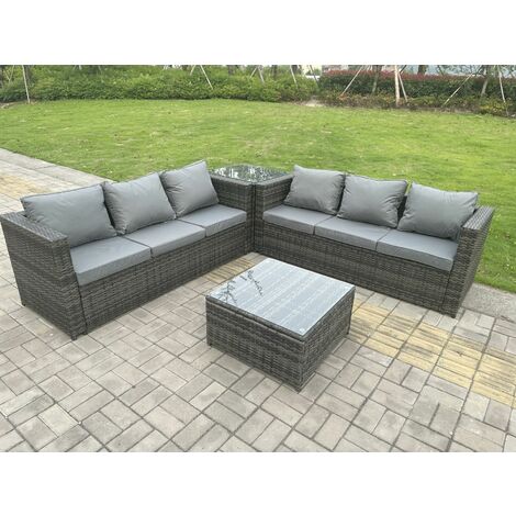 Ensemble De Canapé D'angle De Meubles De Jardin En Rotin En Plein Air Gris Moelleux Avec 2 Tables Basses
