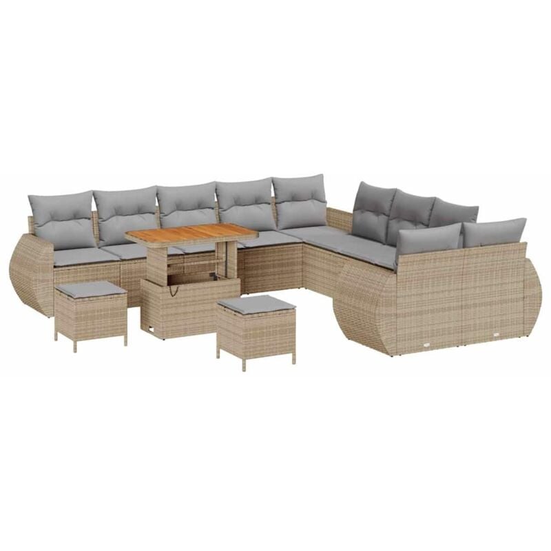 Ensemble de Canapé de Jardin 13 Pièces avec Coussins Beige Poly Rattan Acacia, Ensemble de Salle à Manger de Jardin 3 Pièces avec Coussins Beige Poly