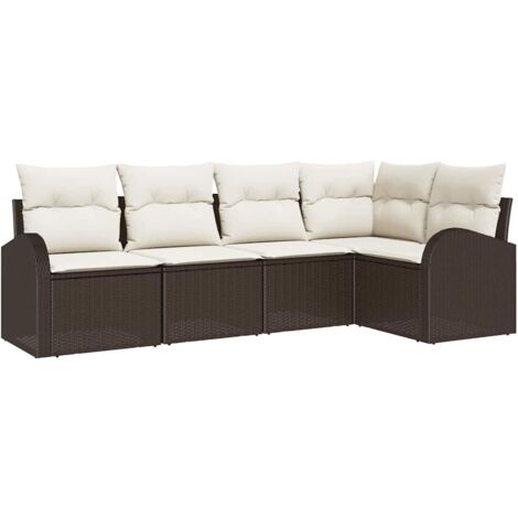 Ensemble de canapé de jardin 5 pcs  Mobilier de jardin Marron et blanc polyrotin