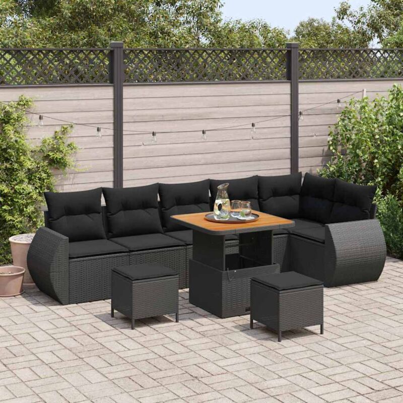 Ensemble de Canapés de Jardin 9 Pièces avec Coussins Noir Poly Rattan Acacia, Ensemble de Dîner de Jardin 3 Pièces avec Coussins Noir Poly Rattan