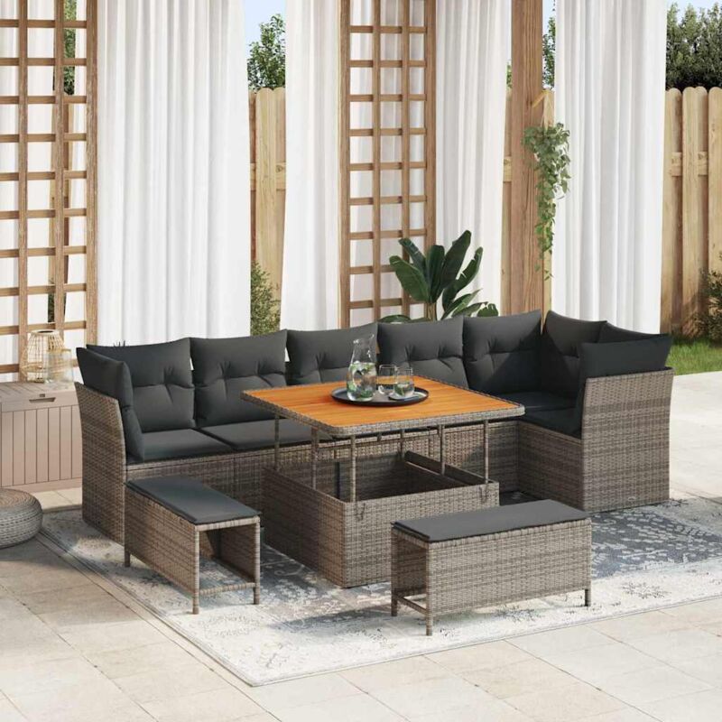 Canapé de jardin 9 pièces avec coussins gris en rotin, Table de jardin 3 pièces avec coussins gris en rotin Vidaxl