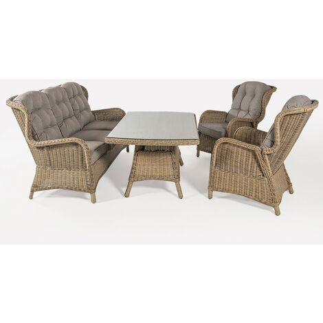 Ensemble de canapé de jardin Table basse 140 cm 2 fauteuils et 1 canapé 3 places Couleur naturelle Aluminium et rotin sy