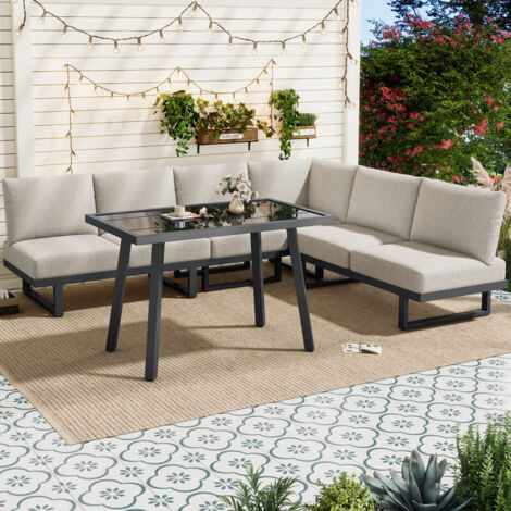 Ensemble de canapé de salon de jardin 6 places avec Table de jardin, Salon de jardin d'angle convertible en lit de relaxation, Gris beige - BATDTECH