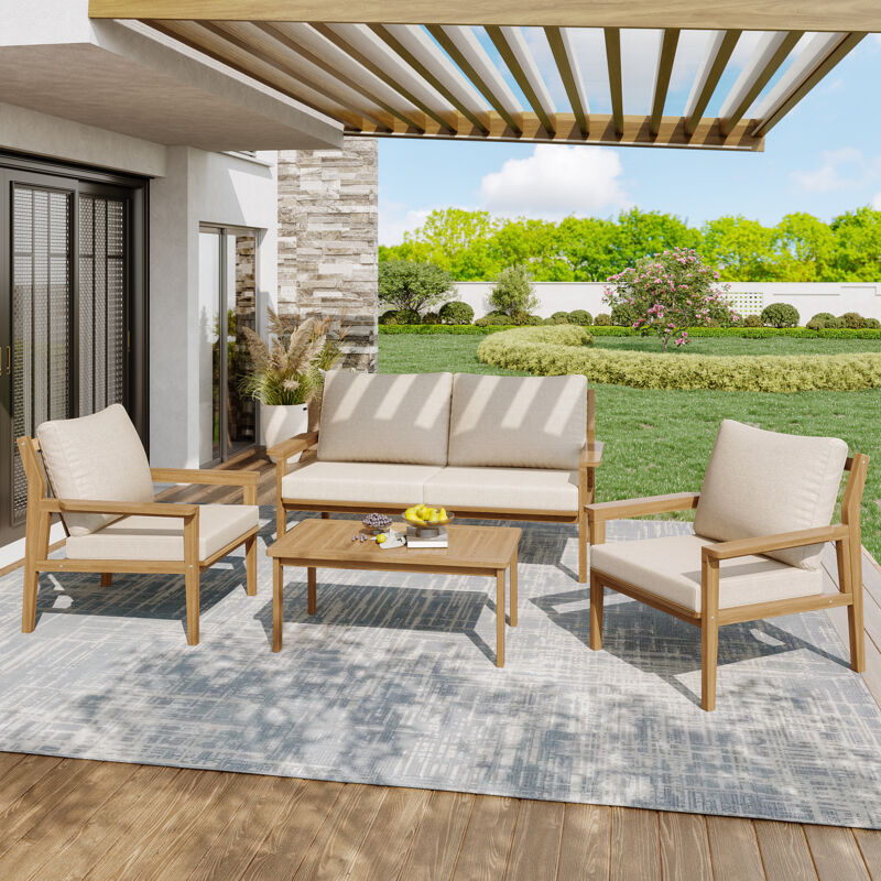 Ensemble de canapé d'extérieur,Salon de jardin pour 4 personnes,2 canapés simples et 1 canapé double et 1 table,Naturel