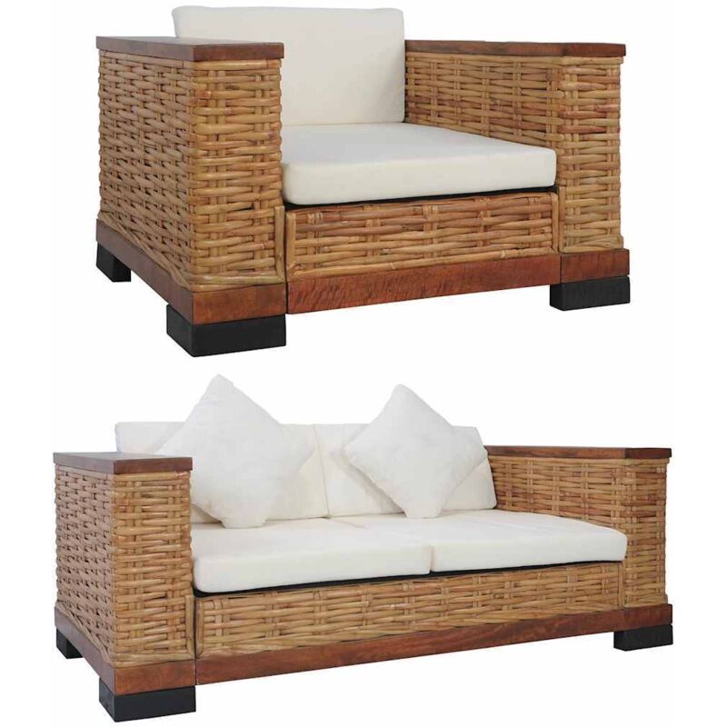 Ensemble de Canapés avec Coussins Marron Rotin Naturel 2 pcs Modèle 1