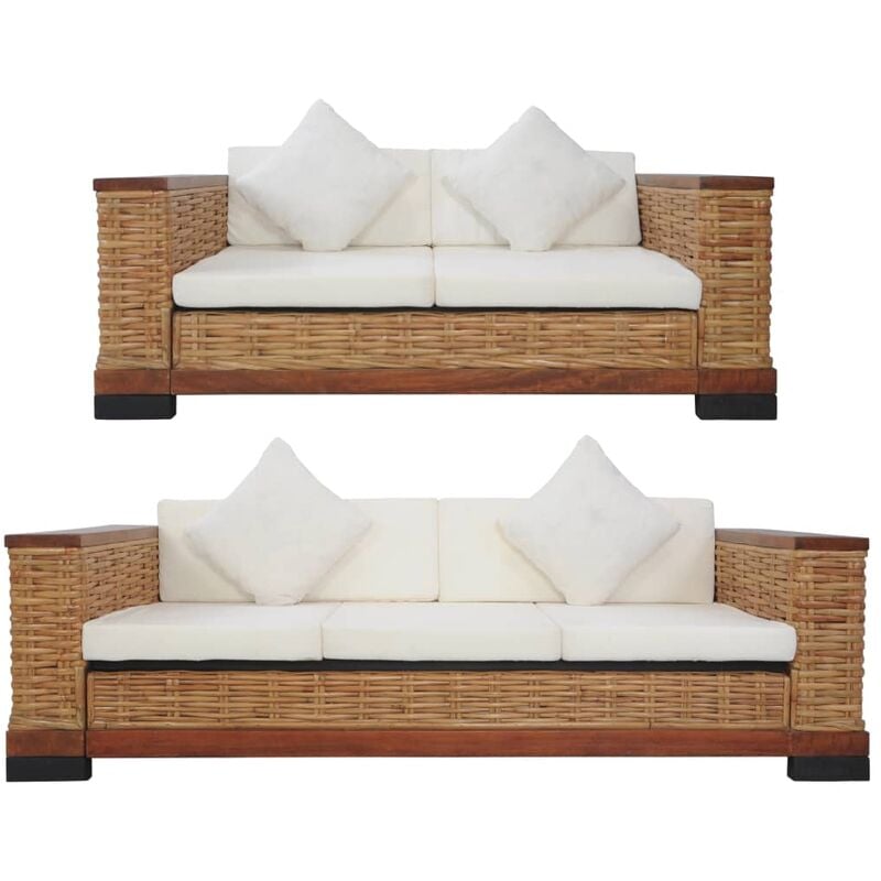 Ensemble de Canapés avec Coussins Marron Rotin Naturel 2 pcs Modèle 2