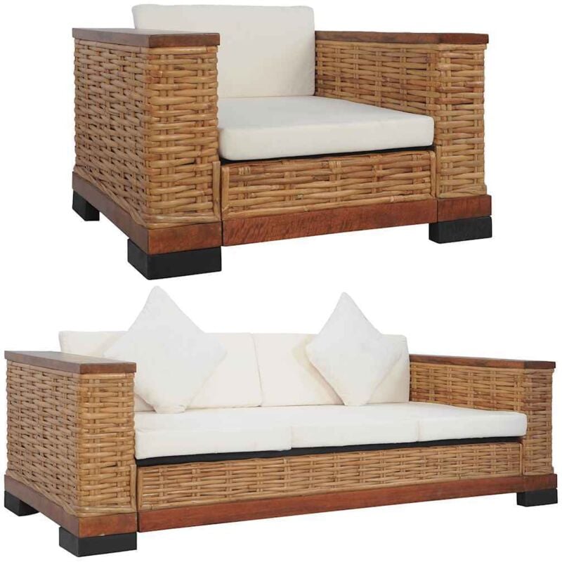 Ensemble de Canapés avec Coussins Marron Rotin Naturel 2 pcs Modèle 3