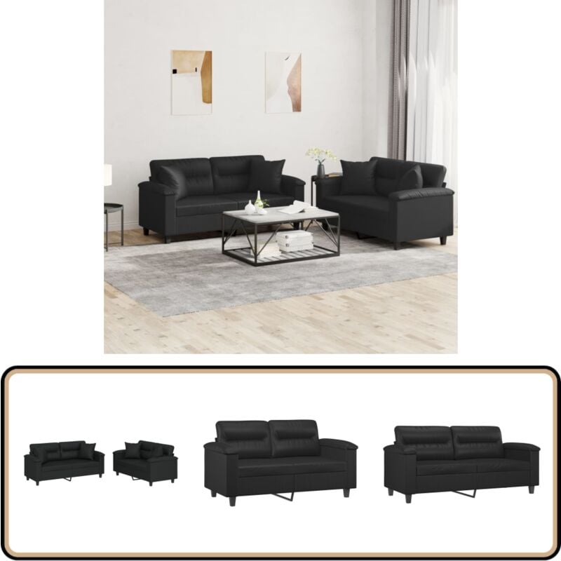Ensemble de canapés 2 pcs avec coussins noir similicuir - Canape - Canapé Deux Places - Meubles Salon - Mobilier Intérieur - Simili Cuir
