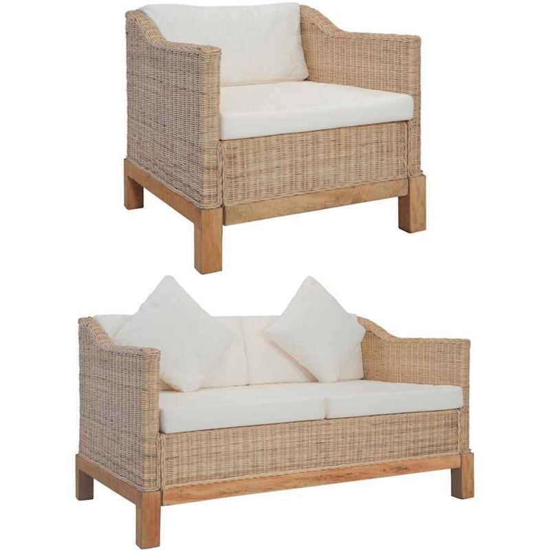 Ensemble de Canapés avec Coussins Marron Rotin Naturel 2 pcs Modèle 1