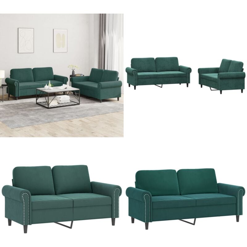 Ensemble de canapés 2 pcs avec coussins Vert foncé Velours - Canape Velours - Canapé Deux Places - Ensemble Canapé - Meubles Salon - Décoration