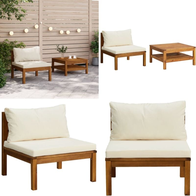 Ensemble de canapés 2 pcs et coussins blanc crème Acacia solide - Salon De Jardin - Mobilier De Jardin - Canapé De Jardin - Ensemble De Salon De