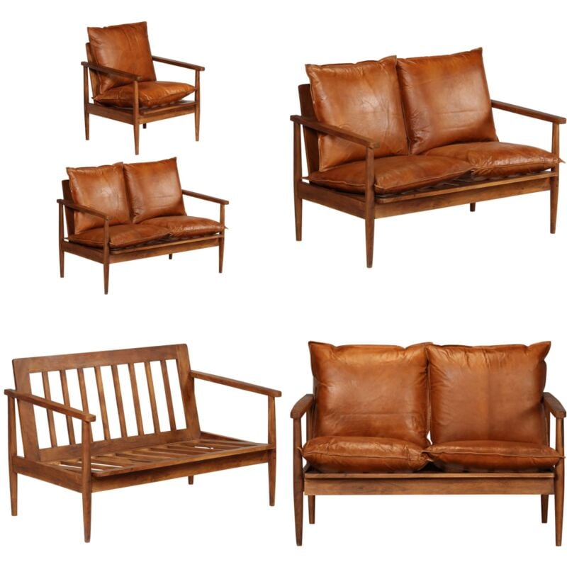Ensemble de canapés 2 pcs Marron Cuir véritable et acacia - Canapé Cuir - Meuble Salon - Ensemble Canapé - Canapé Deux Places - Fauteuils - Home &