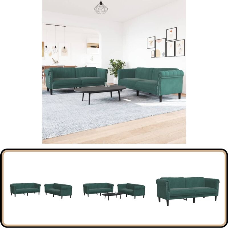 Vidaxl - Ensemble de canapés 2 pcs vert foncé velours - Canapé En Velours - Canapé Deux Places - Canapé Trois Places - Ensemble Canapé - Meubles Salon