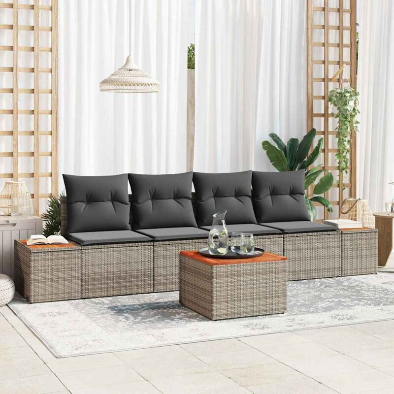 Ensemble de canapé de jardin 5 pièces avec coussins gris poly rotin acacia Vidaxl