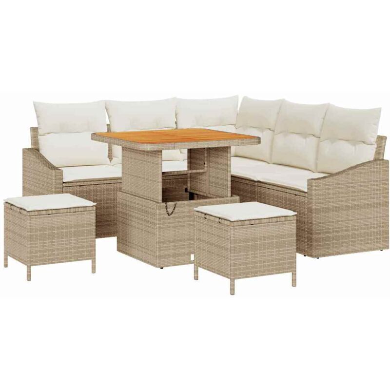 Ensemble de Canapés de Jardin 8 pièces avec Coussins Beige Poly Rotin Acacia, Canapé de Jardin 2 Places avec Coussins Beige Poly Rotin, Ensemble de