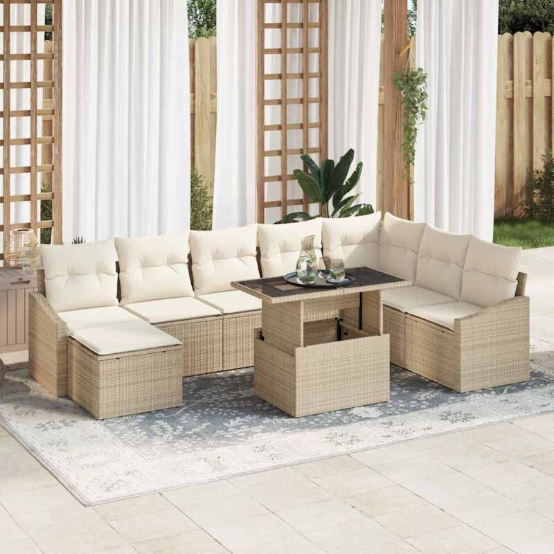 Ensemble de canapés de jardin 9 pièces avec coussins Beige Poly Rattan Vidaxl