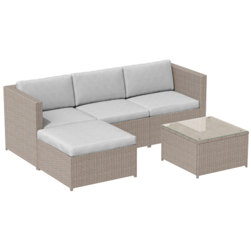 Ensemble canapé de jardin en polyrotin Kaki, canapé d'angle avec coussins d'assise et de dossier, table basse en verre