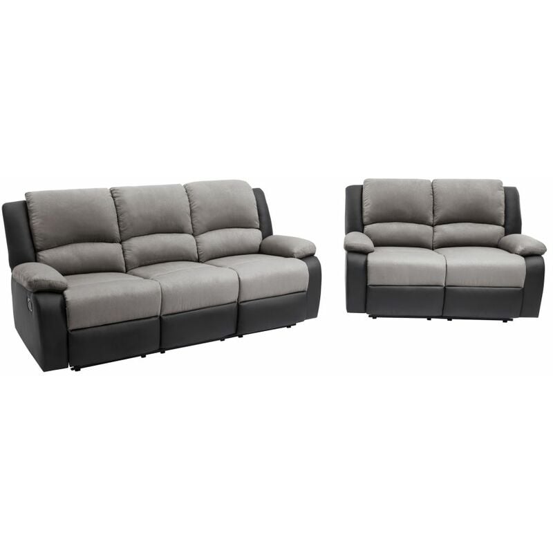 Loungitude - relaxxo - Ensemble de Canapés Relaxation manuel 3 et 2 places Microfibre Grise / Simili Noir leo