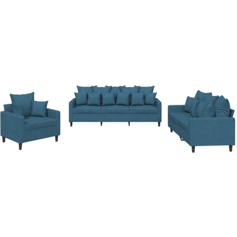 Ensemble de canapés 3 pcs avec coussins Bleu Velours vidaXL