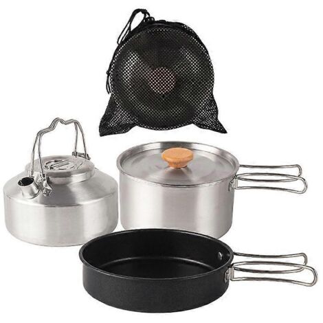 Ensemble de casseroles, poêles et bouilloire en acier inoxydable avec sac de rangement, kit de cuisson extérieur pour camping et randonnée.