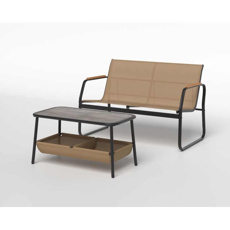 Costway - Ensemble de Causeuse et Table Basse d'Extérieur avec 2 Compartiments de Rangement, Tissu Respirant et Cadre en Métal, pour Balcon, Porche